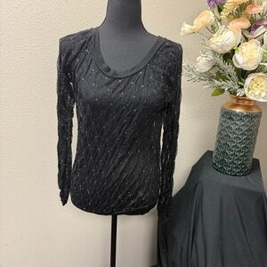 Studio Y Black Lace Sparkle Long Sleeve Sheer Party Top Small